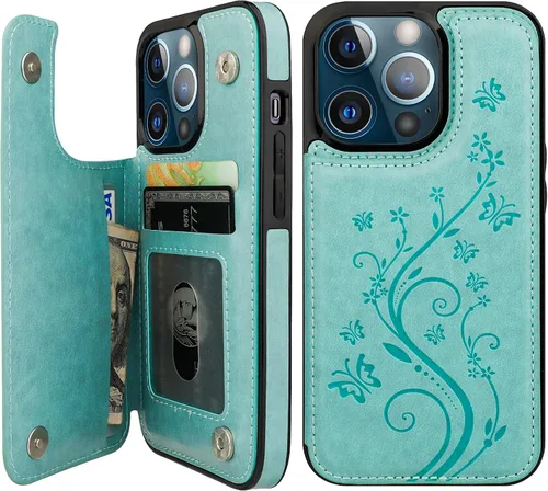 Miniatura 12 de Vaburs Funda compatible con iPhone 13 Pro con tarjetero y diseño de mariposa en relieve, de piel sintética, doble botón, a prueba de golpes