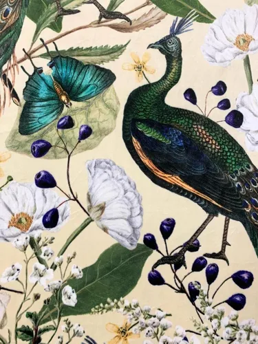Miniatura 5 de The Meter - Tela de terciopelo de pavo real, color crema, material de costura floral de lujo, por yarda, estampado de pájaros, patrón de flores