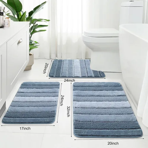 Miniatura 2 de Kmson Juego de 3 alfombras de baño de chenilla ombré, antideslizantes, ultra suaves, lavables, alfombras de baño peludas para bañera, tapete de Azul