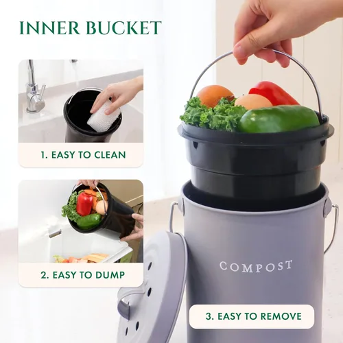 Miniatura 4 de FINESSY - Cubo de compost interior sin olor para cocina con tapa para compostar residuos de alimentos, cubo de compost de cocina de acero inoxidable