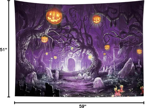 Miniatura 6 de EOBTAIN Tapiz de Halloween espeluznante calabaza y murciélago en árbol muerto en bosque morado de terror, tapiz de pared de cementerio gótico