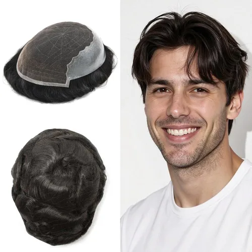 Miniatura 31 de Toupee - Sistemas de reemplazo de cabello para hombre, encaje frontal suizo, nudo blanqueado, pieza de cabello humano natural 1# negro azabache, 8 x