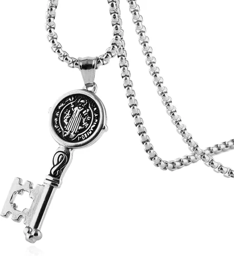 HZMAN Collar de exorcismo de San Benito de acero inoxidable con circonita dorada y plata católica, colgante de cruz para hombres y mujeres, regalo