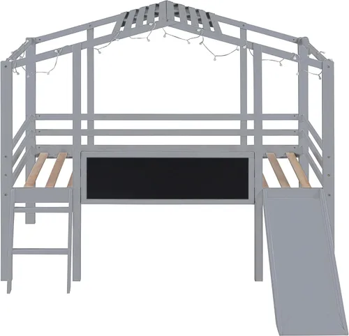 Miniatura 5 de CITYLIGHT Cama loft de madera para niños con tobogán, pizarra, tira de luz y techo, marco de cama de tamaño individual con barandillas de seguridad