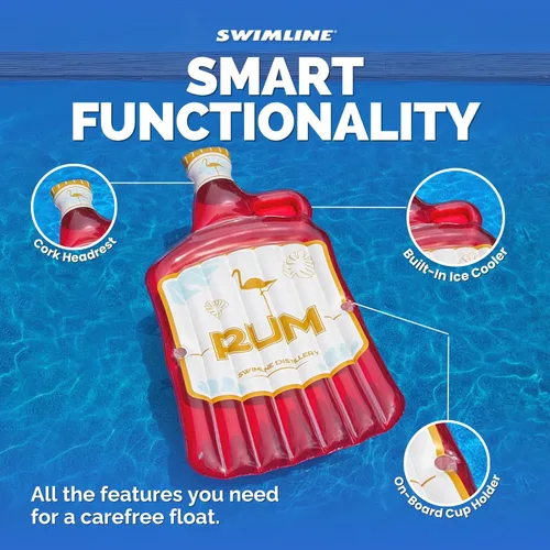 Miniatura 4 de Swimline Colchón Flotador Inflable para Piscina, Tumbona Flotante, Correcaminos de Ron, Rojo Botella De Ron