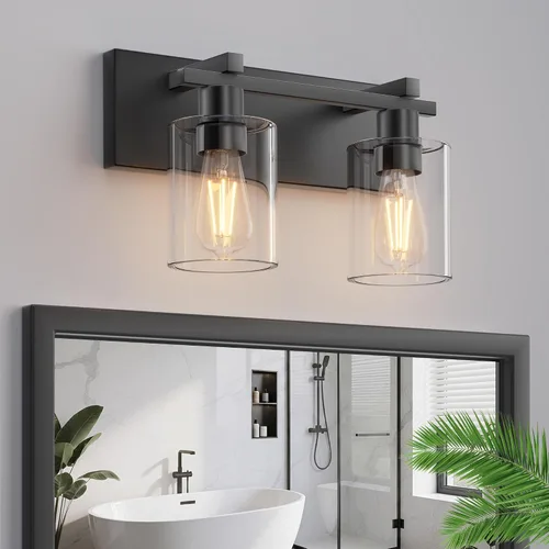 Bathroom Light Fixtures Over Mirror, 2-Light Modern Matte Black Bathroom Vanity Light, Wall Lights with Clear Glass Shade, Living Room, Bedroom,