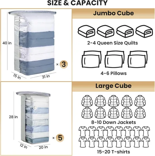 Miniatura 2 de TAILI Paquete de 8 bolsas de almacenamiento al vacío, bolsas de ahorro de espacio (3 Jumbo + 5 medianas), bolsas selladas al vacío para ropa, ropa
