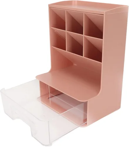 Miniatura 10 de Wnvivi Organizador de bolígrafo inclinado, soporte para bolígrafo de escritorio, soporte para brochas de maquillaje con cajón, organizador Rosa