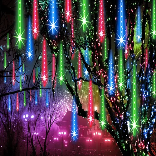 Miniatura 8 de Luces de lluvia de meteoros al aire libre, luces navideñas, 24 tubos, 576 LED, efecto de caída de nieve, lluvia en cascada, carámbanos, luz