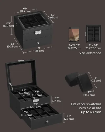 Miniatura 6 de SONGMICS Caja de reloj de 16 ranuras, caja de reloj con tapa de vidrio, 2 capas, vitrina de reloj con cerradura, cuero sintético negro, forro negro