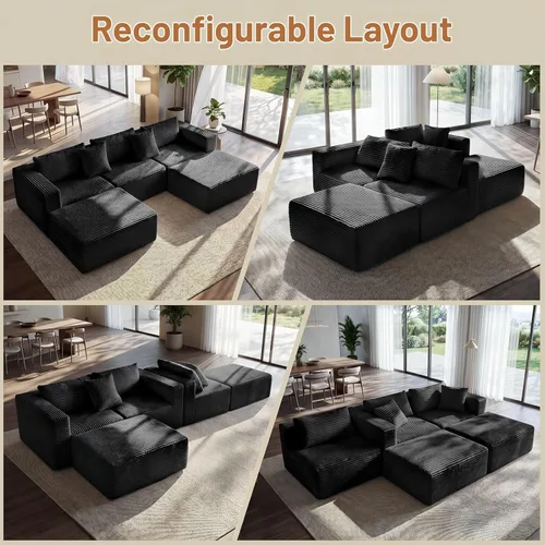 Miniatura 4 de 110" Sofá seccional modular con 2 otomanos móviles, sofás nube para sala de estar, sofá de forma U con asiento profundo sin huesos, lujosa tela