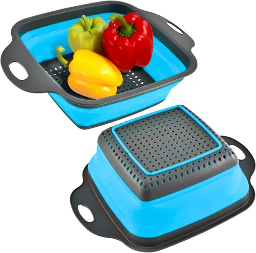 Miniatura 14 de Colador redondo de silicona azul plegable – Colador de cocina plegable pequeño colador plegable azul con asas de plástico para drenar verduras