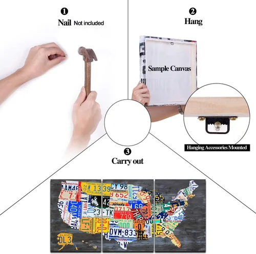 Miniatura 6 de MAMAGO Lienzo decorativo para pared, diseño de mapa de Estados Unidos, 3 paneles, fondo de madera, mapa de Estados Unidos, imagen y póster, arte