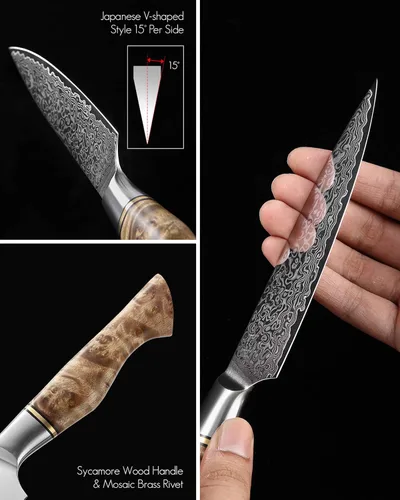 Miniatura 4 de HEZHEN Cuchillo utilitario de 5 pulgadas con filo de navaja - Acero de Damasco con patrón de rosa multifuncional VG10 cuchillo profesional