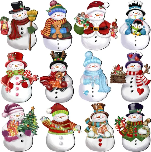 Miniatura 12 de JOPHMO 24 Piezas Adornos de Madera de Navidad Copo de Nieve Gnomo Muñeco de Nieve Camión Adornos Colgantes de Madera Recortes de Árbol de Navidad