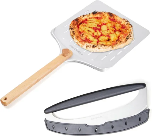 Cortador de pizza y juego giratorio de cáscara de pizza de 12 pulgadas, cáscara de aluminio anodizado con mango de madera, incluye protector de
