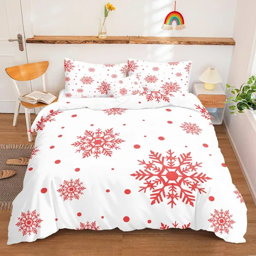 Miniatura 18 de Juego de ropa de cama de Navidad con funda de edredón de copos de nieve, color blanco y rojo, con estampado navideño, juego de ropa de cama festiva
