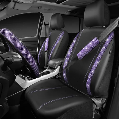 Miniatura 3 de CAR PASS Fundas de asiento de automóvil de cuero con diamantes brillantes, 11 unidades, funda de volante con diamantes de imitación brillantes