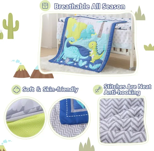 Miniatura 8 de Juego de cama de cuna de dinosaurio mini para niños azul de 3 piezas Premium, juego de sábanas para bebé, juego de cuna de dinosaurios