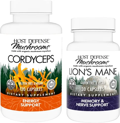 Host Defense Paquete con cápsulas Cordyceps, 120 unidades y cápsulas de melena de león, 30 unidades - Apoya la salud y la energía inmunológica -