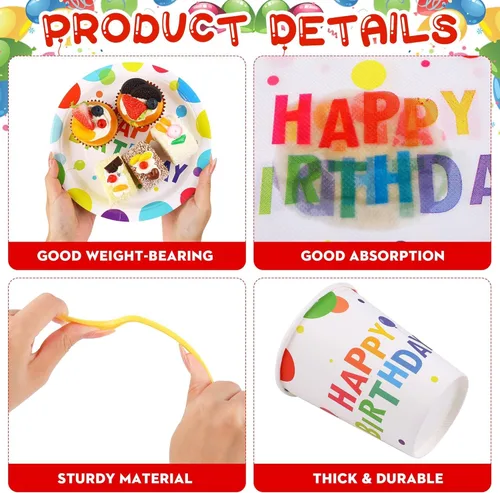 Miniatura 3 de Kochorie 400 piezas de decoraciones de fiesta de feliz cumpleaños, incluyendo platos de papel desechables, vasos, servilletas, juegos de vajilla que