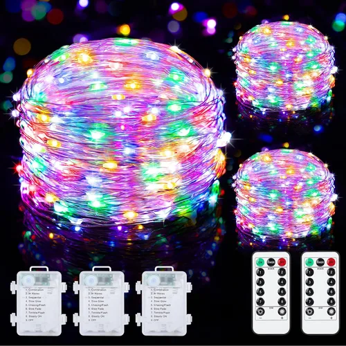 Miniatura 11 de Mlambert Paquete de 3 luces de hadas de 33 pies, funciona con pilas con control remoto y temporizador, impermeable, regulable, 8 modos, 100 luces