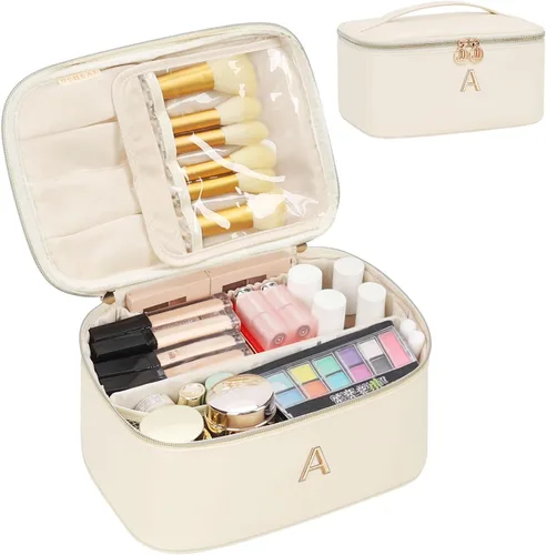 Miniatura 9 de OCHEAL Bolsa de maquillaje personalizada, bolsa de maquillaje beige para mujer, kit de aseo de viaje con monograma, organizador de cosméticos listo
