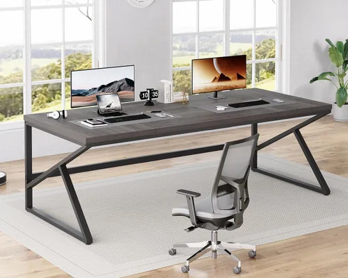 Miniatura 11 de HSH Escritorio Largo de 70 Pulgadas Negro, Escritorio Grande de Metal y Madera para 2 Monitores, Escritorio Moderno para Computadora de Oficina