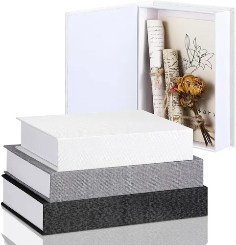 Miniatura 11 de Tioncy Caja de libros falsos de lino neutro, 3 piezas, decoración de imitación para decoración del hogar, estantes, mesa, tarjetas, fotos, regalo
