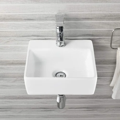 Miniatura 2 de Fregadero de baño de montaje en pared, fregadero de 13.4 x 11.5 pulgadas con soporte para grifo, lavabo rectangular de cerámica de porcelana blanca