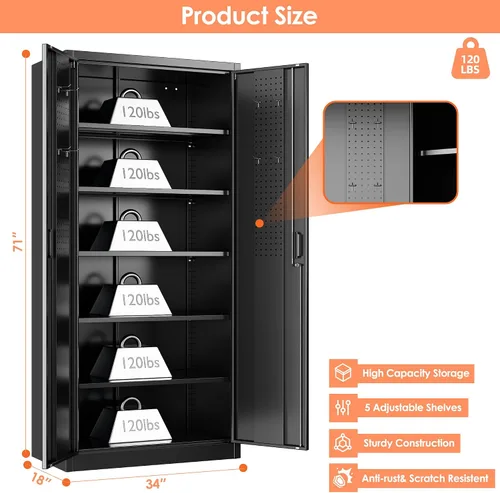 Miniatura 3 de 71" Black Lockable Metal Storage Cabinet, Garage Steel Cabinet with 5 Adjustable Shelves, 2 Locking Doors, Tool & File Organizer for Home, Office