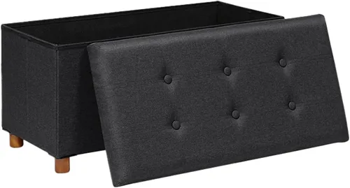 Miniatura 7 de PINPLUS Cubo otomano de almacenamiento, reposapiés de lino blanco con patas de madera, reposapiés de tela plegable, asiento cómodo con tapa, otomana