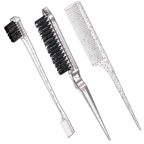 Miniatura 10 de Geiserailie Juego de 3 Cepillos para Cabello Slick Back, Cepillo de Cerdas, Control de Bordes, Peine Desenredante para Cabello Negro de Mujeres Rosa