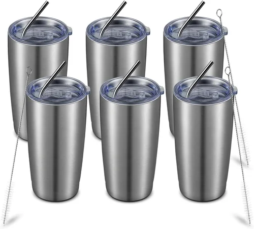 Miniatura 65 de COMOOO Taza de viaje de acero inoxidable de doble pared aislada al vacío de 20 onzas con tapa y pajita, taza de café aislada con recubrimiento