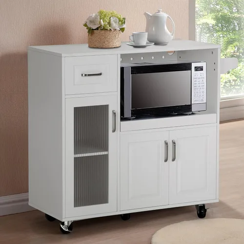 Miniatura 6 de Sophia & William Carrito de isla de cocina con ruedas con bandeja extensible, estante ajustable y puerta de cristal, isla de almacenamiento móvil