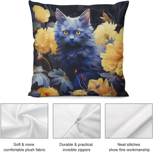 Miniatura 6 de Blue Cat in Bloom - Funda de almohada decorativa cuadrada suave con estampado de doble cara de 12 x 12 pulgadas, adorables almohadas de animales