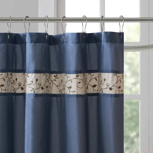 Miniatura 2 de Madison Park Serene Cortina de ducha de seda sintética bordada floral lavable a máquina, decoración moderna de baño para el hogar, azul marino, 72x72