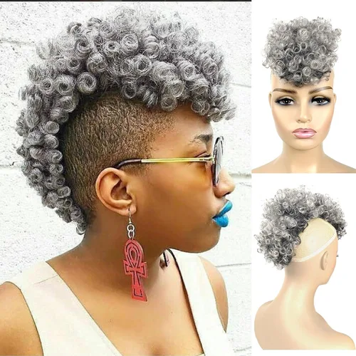 Miniatura 9 de UA Jerry Curls Mohawk - Cola de caballo sin cordón con flequillo, sintético, corto, afro, rizado, 6 clips BB (2#, negro natural)
