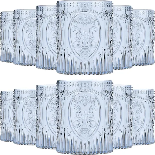 Miniatura 18 de Qinyoung 24 Vasos de Plástico Vintage para Beber de 8.5oz Copas de Vino Retro en Relieve Sin Pie Irrompibles Reutilizables para Baby Shower Negro