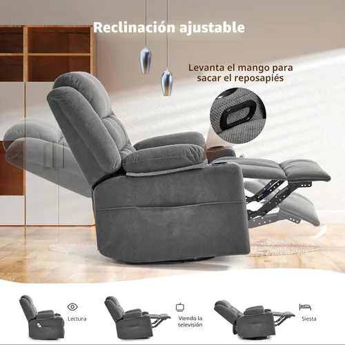 Miniatura 5 de Ketaiyou Silla reclinable giratoria para adultos con masaje y calor, portavasos y bolsillos laterales, sillón reclinable para sala de estar (gris DK)