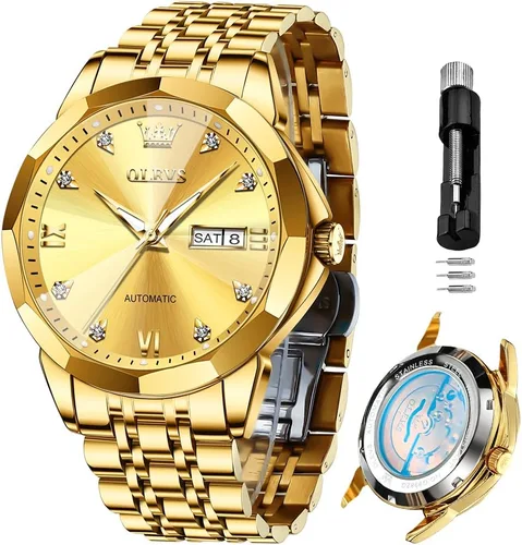 Miniatura 24 de OLEVS Reloj de pulsera automático con diseño de esqueleto para hombre, de lujo, con diamantes de lujo, de acero inoxidable, calendario, reloj