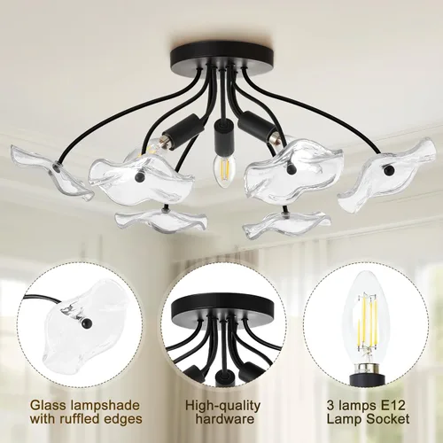 Miniatura 3 de Luvkczc Lámpara de techo semiempotrada, moderna lámpara de techo de cristal, iluminación negra vintage para cocina, entrada, pasillo, baño, Negro