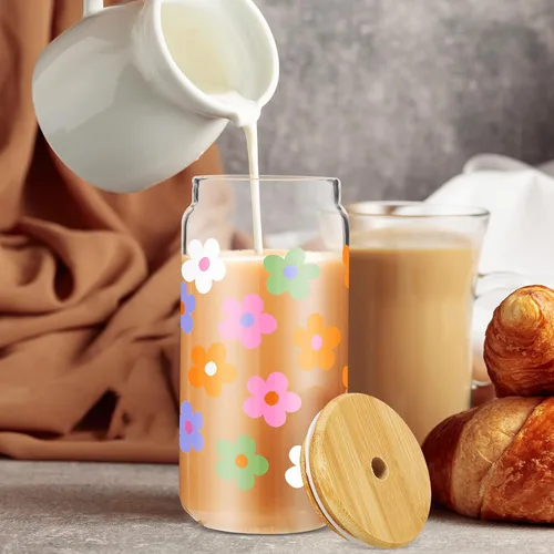 Miniatura 5 de Cunhill 2 juegos de regalos estéticos de margaritas, taza de café helado, bonitas tazas de vidrio con tapas y pajitas, tazas lindas, taza de flores