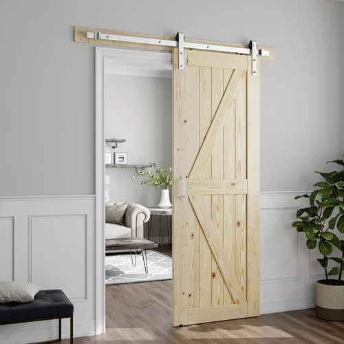 Miniatura 6 de SMARTSTANDARD Puerta corrediza de granero de 24 x 80 pulgadas con kit de herrajes y mango de níquel cepillado de 5 pies, se requiere un montaje