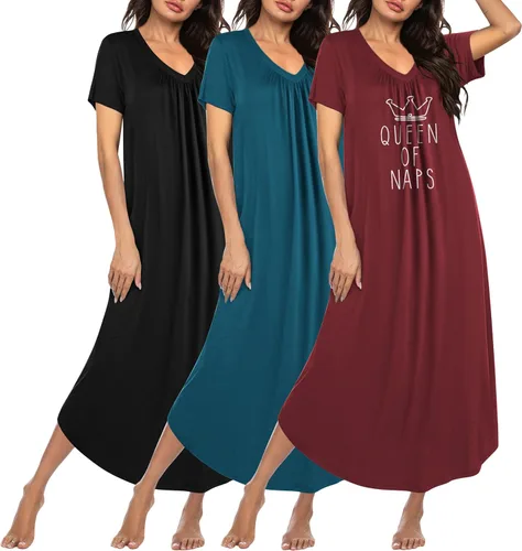 Miniatura 11 de Ekouaer Paquete de 3 camisones largos para mujer, talla grande, vestido de casa de manga corta, cuello en V, camisón casual, M-5XL
