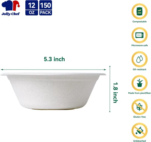 Miniatura 2 de JOLLY CHEF Cuencos de papel compostables desechables [12 oz] Recipientes para sopa resistentes [150 paquetes] Bagazo biodegradable apto