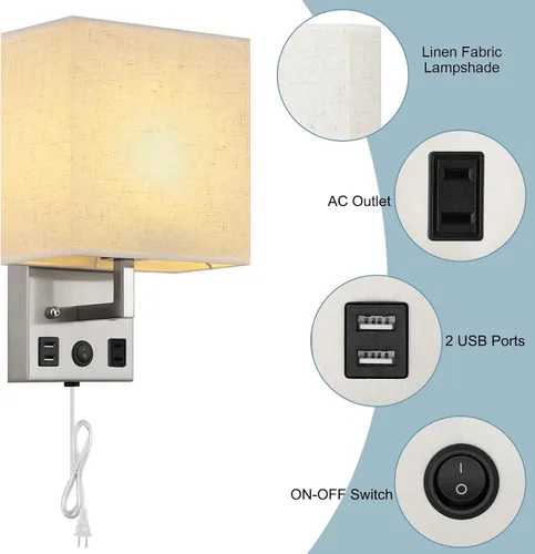 Miniatura 3 de Juego de dos apliques de pared negros, luces de pared de noche para dormitorio, aplique de pared enchufable con puertos USB y tomas, lámpara