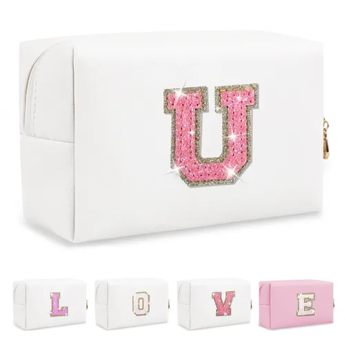 Miniatura 353 de Pequeña bolsa de maquillaje personalizada con inicial A-Z Preppy Patch, bolsa de cosméticos de viaje de felpilla blanca con cremallera, bonita bolsa