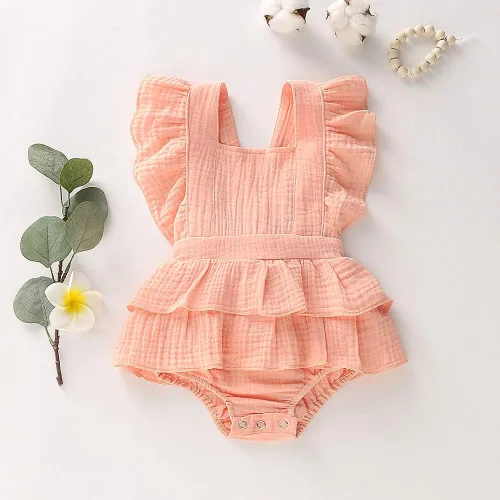 Miniatura 2 de Douhoow Mameluco de bebé niña mameluco con volantes de una sola pieza ropa de lino de algodón