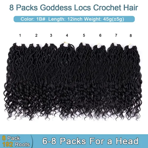 Miniatura 4 de Goddess Locs - 8 paquetes de 12 pulgadas de cabello rizado sintético de ganchillo para mujeres negras, cabello rizado pre-enlazado, extensiones de 1b
